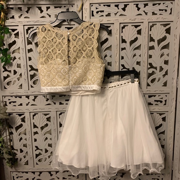 SEQUIN HEARTS 2pc GOLD & WHITE MINI COCKTAIL PARTY PROM DRESS - Picture 12 of 13